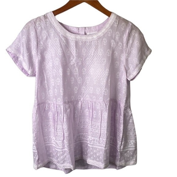 Sigrid Olsen Babydoll Lilac Embroidered Blouse Ruffle Popover Short Sleeve Top - Picture 1 of 15